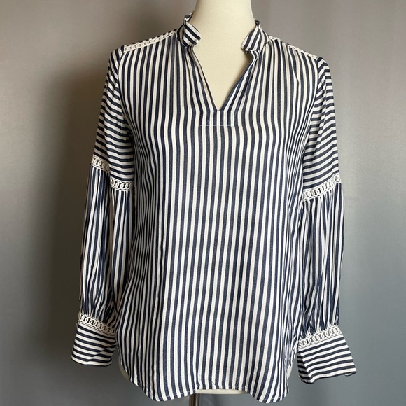 Ann Taylor Navy White Striped Balloon Sleeve Top Blouse - Size XXSP - Picture 2 of 15